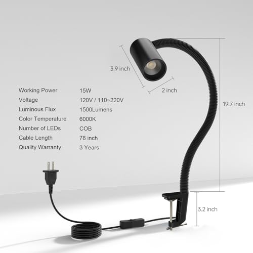 LED Clamp Work Light, 1500lumens 20in Flexible Gooseneck Work Lamp with C-Clamp for Lathe Machines, Workbenches. 15W