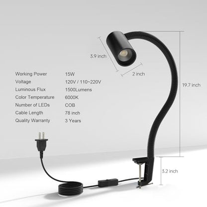 LED Clamp Work Light, 1500lumens 20in Flexible Gooseneck Work Lamp with C-Clamp for Lathe Machines, Workbenches. 15W