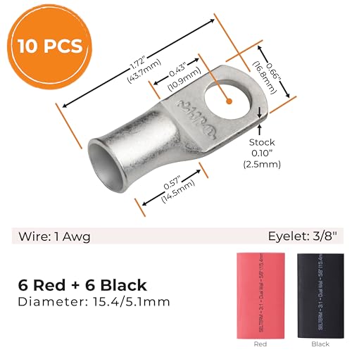 SELTERM 10pcs, 1 Awg, 3/8" Stud Marine Grade Tinned Copper Battery Lugs - color: Tinned Copper Lugs + Heat Shrinks, size: 1 Awg - 3/8" (M10) Ring