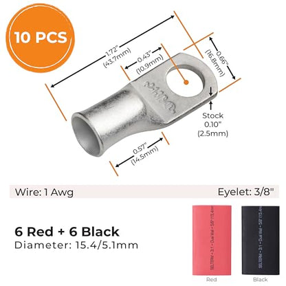 SELTERM 10pcs, 1 Awg, 3/8" Stud Marine Grade Tinned Copper Battery Lugs - color: Tinned Copper Lugs + Heat Shrinks, size: 1 Awg - 3/8" (M10) Ring