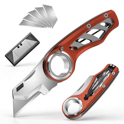 Folding Utility Knife Pocket Knife, Heavy-Duty Box Cutter with Anti Slip Finger Loop, Quick Change Blade Razor Knife, Box Cutters for Home, Office, Warehouse, Durable Razor Knife, Box Knife (Brown) - color: Brown