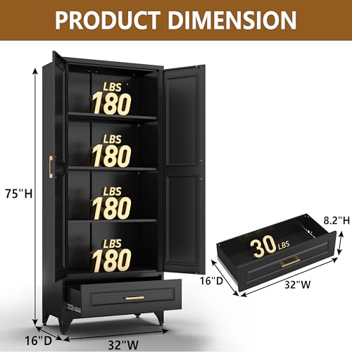 Polup 75" Metal Storage Cabinet, Tall Kitchen Pantry Cabinet with 1 Drawer - color: Black, size: 75"H - 1 Drawer