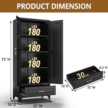 Polup 75" Metal Storage Cabinet, Tall Kitchen Pantry Cabinet with 1 Drawer - color: Black, size: 75"H - 1 Drawer