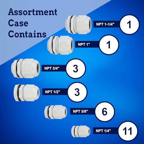 New Age America® KableLock™ 25pcs NPT Cable Glands | 190pcs Rubber Grommet Plugs | Gray | 1/4 Inch to 1 Inch | 1/4" to 1-1/4" | Open Rubber Grommets | Nylon Cord Grip | IP68 Rated | with Box