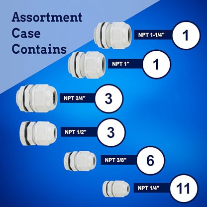 New Age America® KableLock™ 25pcs NPT Cable Glands | 52pcs Rubber Grommet Plugs | Gray | 5/8 Inch to 1-1/2 Inch | 1/4" to 1-1/4" | Closed Rubber Grommets | Nylon Cord Grip | IP68 Rated | with Box