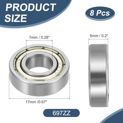 uxcell 8 Pack 697ZZ Deep Groove Ball Bearings, 7x17x5mm Chrome Steel Double Shield Bearing for Electric Motor, Home Appliances, Garden Machinery, (ABEC5) - size: 697ZZ