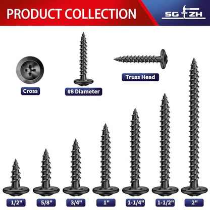 #8 x 2 Inch Wood Screw 500Pcs Alloy Steel Standard Thread Truss Head Fast Self Tapping Black Oxide by SG TZH - color: Black - Alloy Steel, size: #8 x 2"