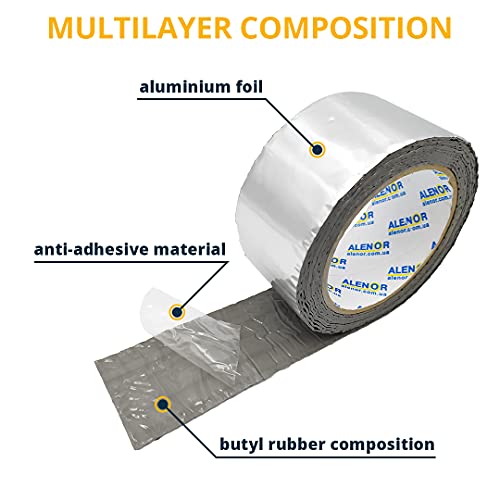 Alenor Butyl Rubber Aluminum Tape 2" inch W x 33 Feet Wall Crack Roof Leaks Waterproof Heat Resistant Tape Perfect for Sealing & Patching Hot & Cold Air Ducts Wood Metal Plastic Glass Repair - size: 2" Inch x 33' Ft (Pack 1)