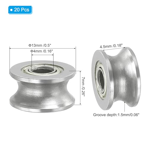 PATIKIL U-Groove Bearing, 20 Pack 4x13x7mm U Groove Guide Pulley Carbon Steel Sealed Ball Bearings Rail Roller Bearing Wheel for Track Liner Motion System - size: 4x13x7mm