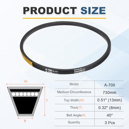 uxcell 3Pcs A700 Rubber V-Belt, 700mm Li x 13mm W x 8mm T, Classic Wrapped - size: A700