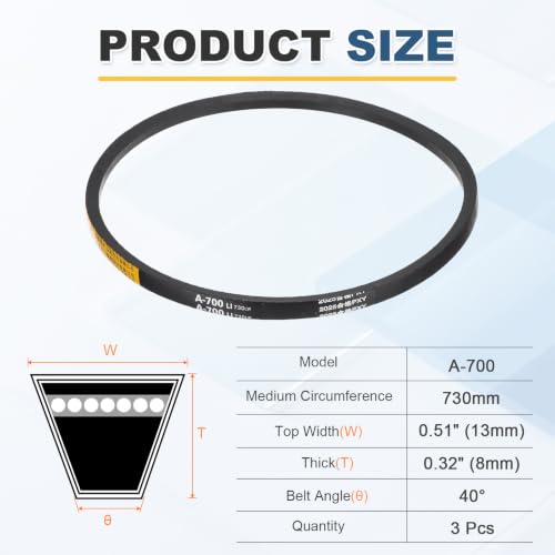 uxcell 3Pcs A700 Rubber V-Belt, 700mm Li x 13mm W x 8mm T, Classic Wrapped - size: A700
