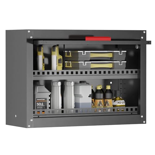 LMTC Metal Garage Wall Cabinet,Wall Storage Cabinet with Sliding Up-Flip Door,Adjustable Shelf and Anti-Fall Bar,Garage Cabinets Wall Mounted for Bathroom,Kitchen,Shop(30" Black)