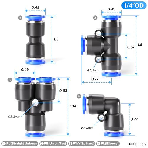 TAILONZ PNEUMATIC 1/4 Inch OD Push to Connect Fittings Pneumatic Fittings Kit 8 Spliters+10 Elbows+8 tee+10 Straight (36 pcs) - color: Blue, size: 1/4"OD/36PCS