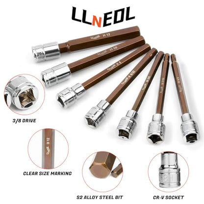 LLNEDL 3/8 Inch Drive Long Allen Hex Bit Socket Set, 19-Piece Hex Head Standard SAE & Metric Sockets (1/8"-3/8", 3-12mm), S2 Alloy Steel Durable Tools for Mechanics - size: 19pcs 3/8 inch socket set