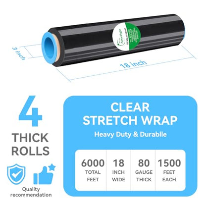 18" x 1500' Black Plastic Shrink Wrap Roll - 80 Gauge, 500% Stretch Industrial Strength Moving Wrap, Heavy Duty Pallet & Furniture Protection - 4 Roll Bundle Stretch Wrap with Handles