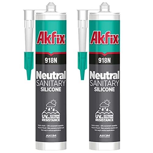 Akfix 918N White 100% Silicone Caulk for Kitchen and Bathroom (2x10.5 fl.oz.) - Solvent-Free, Low Odor, UV & Water Resistant, Fast Curing, Paintable, High Elasticity Silicone Sealant | White, 2 Pack - size: 2 Pack, style: Kitchen&Bath Silicone-White