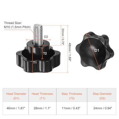 HARFINGTON 2pcs Star Knobs M10 x 20mm 304 Stainless Steel Threaded Stud 46mm Plastic 6-Star Head Hand Tightening Thumb Screw Clamping Jig Knob Handle, Black - size: M10 x 20mm x 46mm