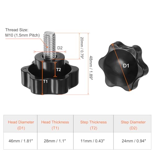 HARFINGTON 2pcs Star Knobs M10 x 20mm 304 Stainless Steel Threaded Stud 46mm Plastic 6-Star Head Hand Tightening Thumb Screw Clamping Jig Knob Handle, Black - size: M10 x 20mm x 46mm