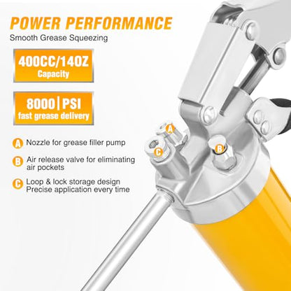 GOOACC Grease Gun Heavy Duty Pistol Grip Grease Gun Kit with Quick Release Coupler 18" Spring Flex Hose Nozzle Rigid Pipe, 8000PSI 14oz Grease Guns Tool for Automotive Farm Industrial Marine Equipment - size: Manual 14oz Yellow 8PCS