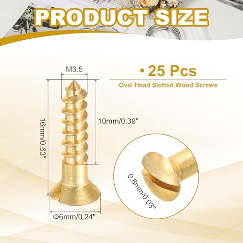 PATIKIL M3.5 x 16mm Slotted Wood Screw, 25 Pack Solid Brass Oval Head - size: M3.5x16mm