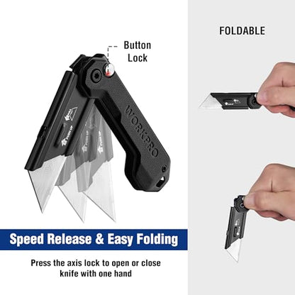WORKPRO EDC Folding Utility Knife, Mini Box Cutter with Quick Open Axis Lock, Quick Change Blade Razor Knife, Foldable Small Pocket Knife with Belt Clip - color: Black-g10