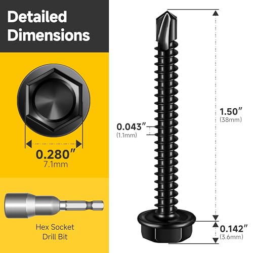 Mywish 100pcs #8 x 1-1/2" Self Drilling Screws for Metal, 410 Stainless Steel Hex Washer Head Self Drilling Screws, Black Oxided Self Tapping Sheet Metal Tek Screw Fast Tapping - size: #8x1-1/2"(100pcs)