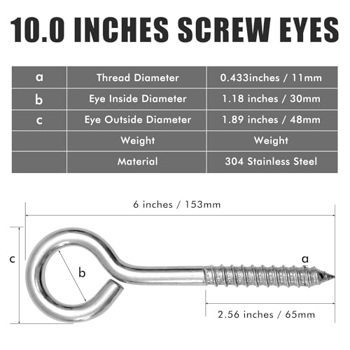 10PCS 6 inches Screw Eyes M10 304 Stainless Steel Eye Screws, Heavy Duty Screw, Eye Hooks Screw Eye Bolts Eye Hooks Screw, Indoor & Outdoor Uses (10, M10-6inch) - size: M10-6inch