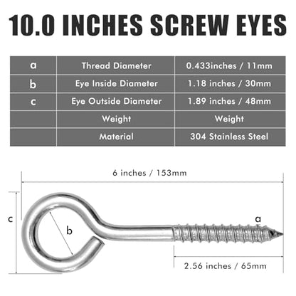 10PCS 6 inches Screw Eyes M10 304 Stainless Steel Eye Screws, Heavy Duty Screw, Eye Hooks Screw Eye Bolts Eye Hooks Screw, Indoor & Outdoor Uses (10, M10-6inch) - size: M10-6inch