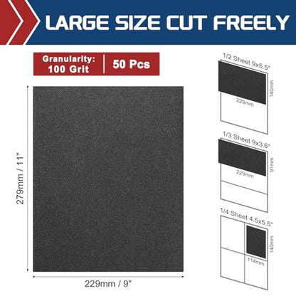 50Pcs Sand Paper 9x11Inch 100Grit Silicon Carbide Sandpaper Sheets - size: 100 Grits
