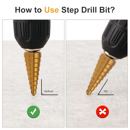 Step Drill Bit Set, 3PCS HSS Titanium Coated High Speed Steel Step Bits Covering 28 Sizes (1/8"-3/4") for Wood, Plastic, Sheet Metal with Portable Bag, Nice Gift for DIY Lovers - style: 3PCS Step Drill Bits Straight