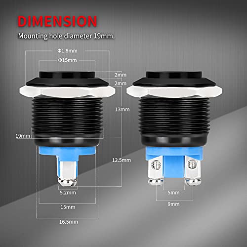 DaierTek 12V 19mm Momentary Horn Push Button Switch Black Metal Waterproof Round Starter Power Switch for RV Truck Boat Marine - 2pcs (Pack of 2) - size: 19mm (Pack of 2)