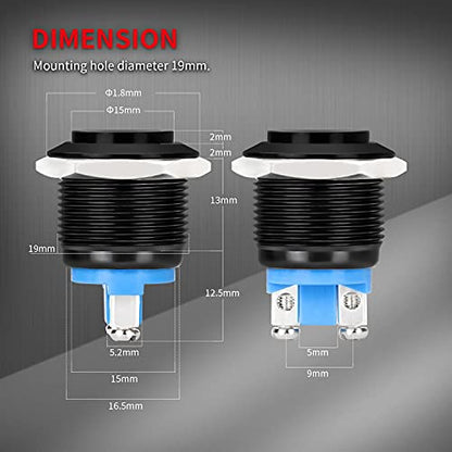 DaierTek 12V 19mm Momentary Horn Push Button Switch Black Metal Waterproof Round Starter Power Switch for RV Truck Boat Marine - 2pcs (Pack of 2) - size: 19mm (Pack of 2)