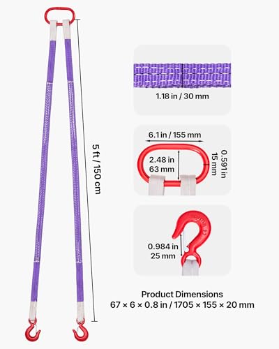 VEVOR Lifting Sling Straps, 2Pcs Two-Leg Polyester Bridle Sling with Hooks, 4400LB Capacity, 5Ft Heavy Duty Rigging Strap, Thickened & Wear-Resistant Webbing Slings for Engines Cranes Hoists Truck - size: 4400LB