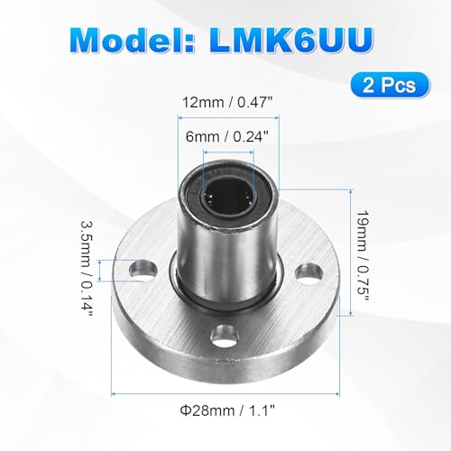 PATIKIL LMF6UU Linear Ball Bearings 6mm Bore Dia 12mm OD 19mm Long 3.5mm Hole, 2Pcs Round Flange Linear Motion Bushing Double Side Rubber Sealed Rod Liner Shaft for CNC Machine 3D Printer - size: 6mm