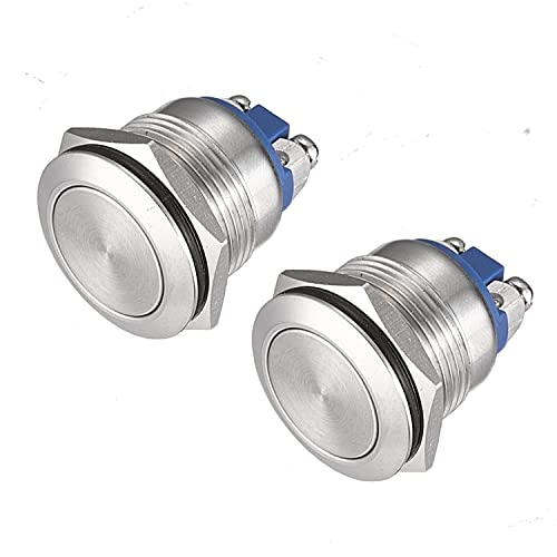APIELE Push Button Switch 19mm Momentary Waterproof Stainless Steel Metal Flat Top 12V 24V 36 DC 110V 250V AC 5A 1NO SPST Screw Terminal (Pack of 2) - style: Momentary Flat Round