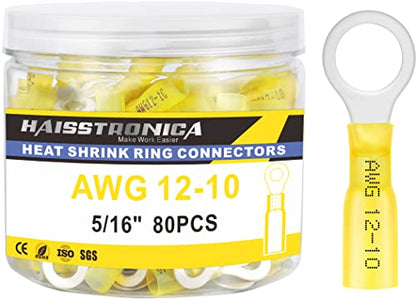haisstronica 80PCS Heat Shrink Ring Terminals, 12-10 AWG, 5/16 in, Yellow - color: Yellow, size: Ring 5/16"