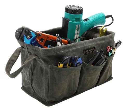 Tool Bag for Organizing, Waxed Canvas Wide Open Top Tool Tote Bag with 6 External Pockets, 13.8 x 7.8 x 7.8 Inches (ArmyGreen) - color: ArmyGreen-Single