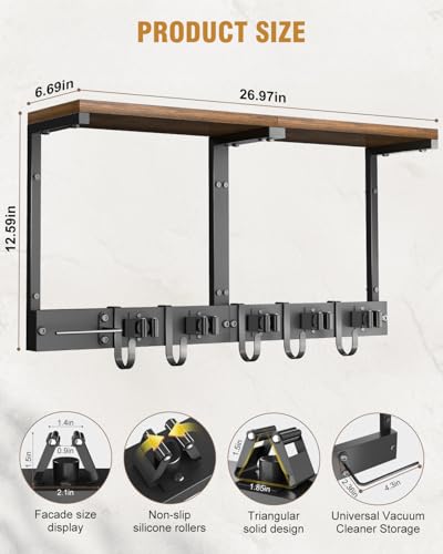 Large Broom Holder Wall Mount with Shelf, Vacuum Organizer, 5 Slots 5 Hooks - color: Black, size: Large