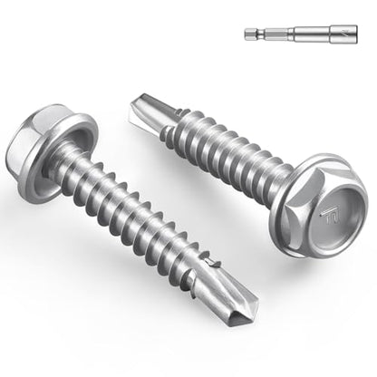 #8 x 1 Inch Self Drilling Screws, 75pcs 0.5 lbs Self Tapping Screws for Metal, 410 Stainless Steel Hex Washer Head Sheet Metal Screw - color: Silver 0.5lb Per Box, size: #8x1"