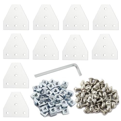 2020Connector Bracket, 2020 Aluminum Extrusion Connector Set 5 Hole T Shape Joint Plates with 50pcs M5 T Nuts+50pcs M5x8mm Screws+1pcs Wrench for 2020 Series Aluminum Profile 3D Printer Frame(10PCS T - style: 10PCS T Shape silver