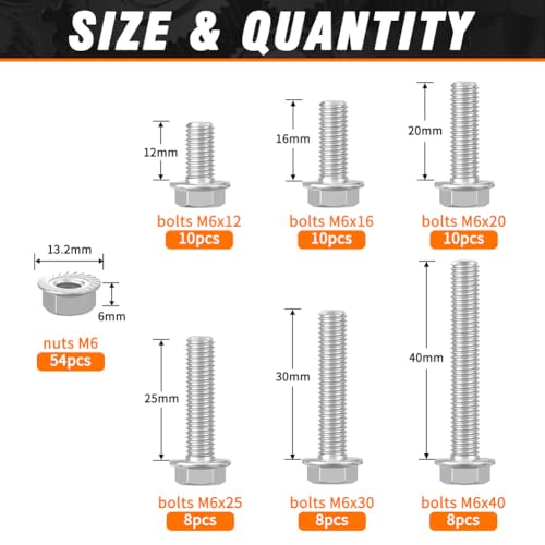 M6 Bolts and Nuts Assortment, 304 SS Flange Hex Bolts Flange Nuts 108pcs - color: Stainless Steel, size: M6