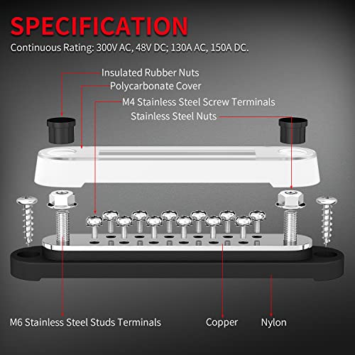 DaierTek 12V Power Distribution Block 2 x 1/4" (M6) Terminal Studs 12 x M4 (#8) Terminal Screws Battery Bus Bar Terminal Block Max 48V Positive & Negative Busbar for Automotive Car Boat - color: 150A-T2M6S12
