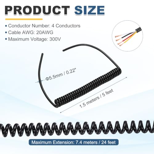 MECCANIXITY 5ft 20AWG Retractable Coiled Coil Cord 300V 105℃ 4 Conductor - size: 5ft x 20AWG, 4 Conductor