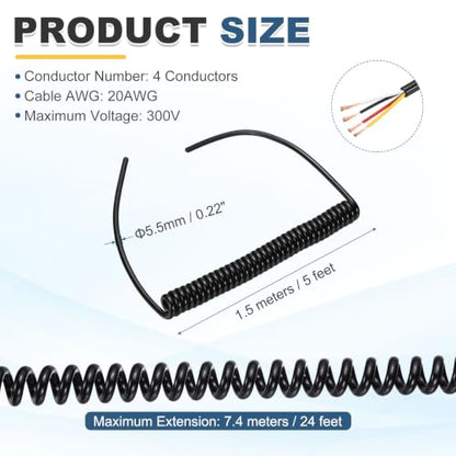 MECCANIXITY 5ft 20AWG Retractable Coiled Coil Cord 300V 105℃ 4 Conductor - size: 5ft x 20AWG, 4 Conductor