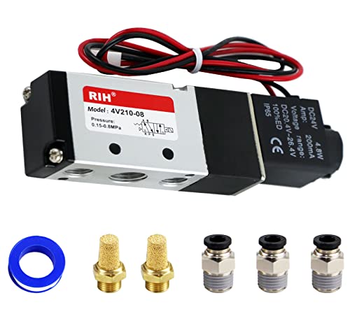 RIH Pneumatics Solenoid Valve 4V210-08 12V/24V/110V Series Single Coil Pilot-Operated Electric 2 Position 5 Way Connection Type (DC12V/Out of line, 1/4"NPT) - size: DC12V/Out of line, style: 1/4"NPT