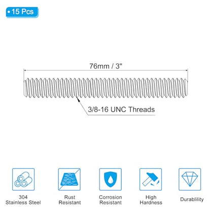 PATIKIL 3/8"-16 UNC 304 Stainless Steel Fully Threaded Rod, 15Pcs 3" Length Long Threaded Screw Right Hand Threads All Threaded Rod Studs for Anchoring Bolt, Clamps, Hangers and U-Bolts - size: 3/8"-16 x 3"