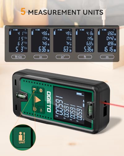 Laser Measure, Ogeto 165 Feet Digital Laser Distance Meter with 2 Bubble Levels,M/in/Ft Unit Switching Backlit LCD and Pythagorean Mode, Measure Distance, Area and Volume