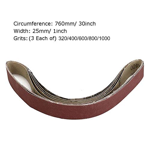 1 Inch x 30 Inch Sanding Belts, 3 Each of 320/400/600/800/1000 Fine Grits, BeltSander Tool for Woodworking, Metal Polishing, 15 Pack Aluminum Oxide Sanding Belt