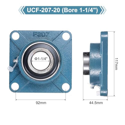 uxcell 2 Pcs UCF-207-20 Pillow Block Bearings 1-1/4 Inch Bore Self Alignment Chrome Steel Bearing Units, 4-Bolt Square Flange Mounted, Solid Base - size: UCF-207-20