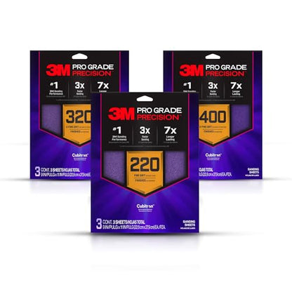 3M Pro Grade Precision Faster Sanding Sheets, NO-Slip Grip Backing, Assorted Grits 220/320/400, 9" x 11", 3 Sheets Each, 9 Total - style: Assorted Grits 220/320/400, 3 Sheets Each, 9" x 11"